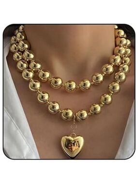 Gold Heart Necklace Women Large Round Bead Beaded Necklace Layered